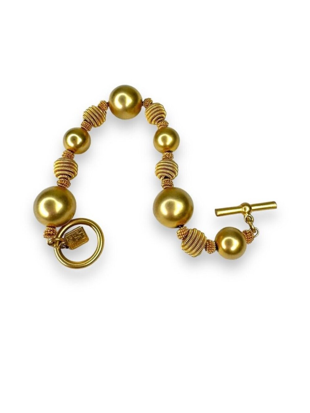 Y2K Anne Klein Chunky Brushed Gold Tone Beaded Bracelet 7.75” Toggle Clasp